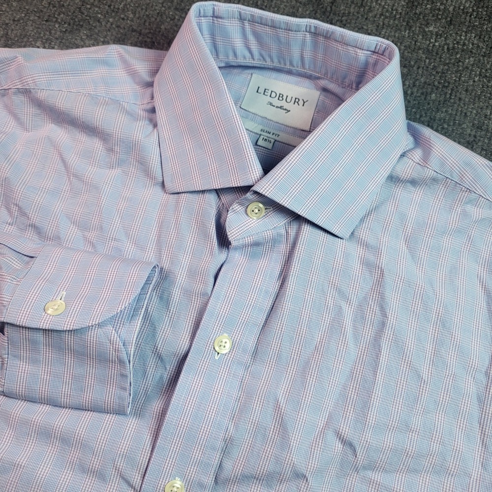 Ledbury Slim Fit Dress Shirt Mens 16.5 Blue Pink Micro Check Long‎ Sleeve Button